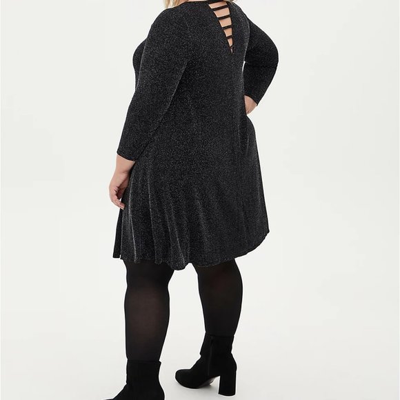 TORRID Black Shimmer Jersey Ladder Neck Mini Trapeze Dress - Picture 6 of 6
